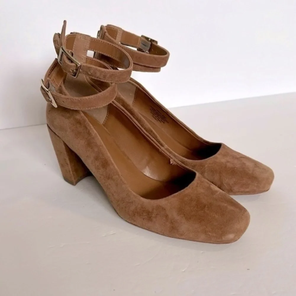H by Halston Regina Brown Suede Block Heel with Buckle Ankle Strap Zip size 6